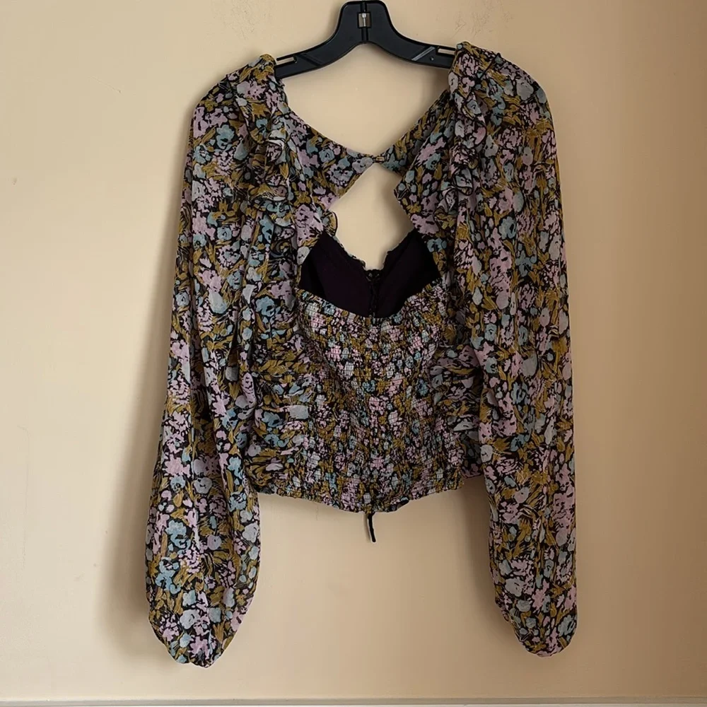 Free People Mabel Printed Ruffle Tie-Front Open-Back Floral Blouse Size Large